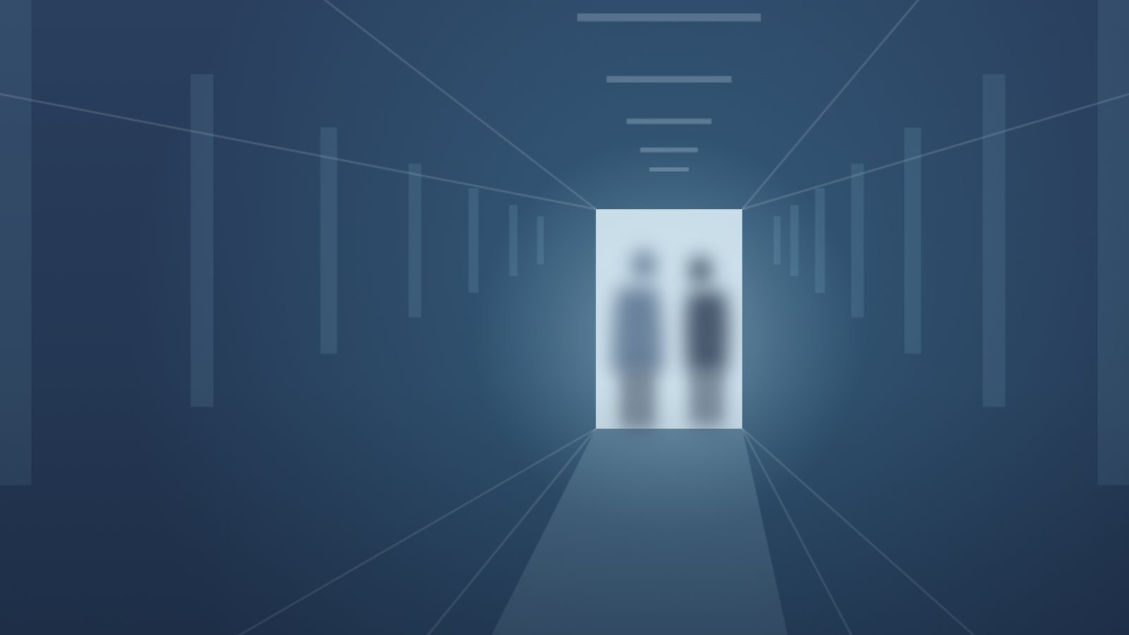 Corredor de hospital em tons de azul, com luz natural ao fundo e duas profissionais conversando, desfocadas