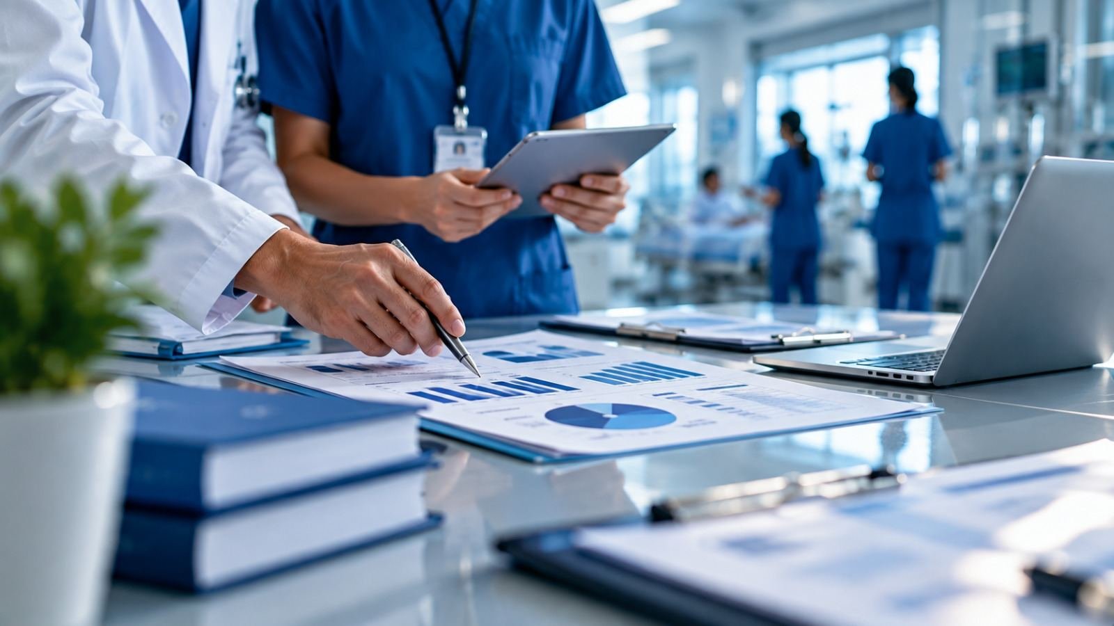 Médico e enfermeira analisando relatórios com gráficos e um tablet sobre a mesa; ao fundo, área assistencial do hospital com profissionais de saúde em atendimento, desfocados